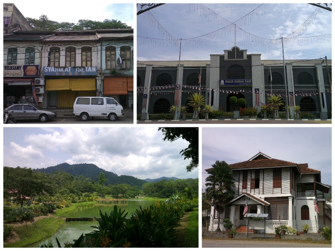 Meander around Raub's town centre (clockwise from left): pre-war shophouses; art-deco Raub District Council Building; century-old police station; quaint lake gardens.